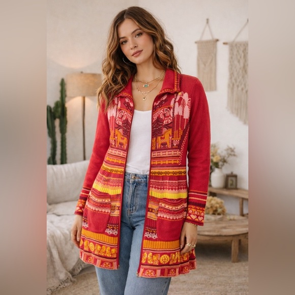 kooi Sweaters - KOOI Knit Vibrant Red Orange Patterned Cardigan Nordic Fair Isle Zip Cotton